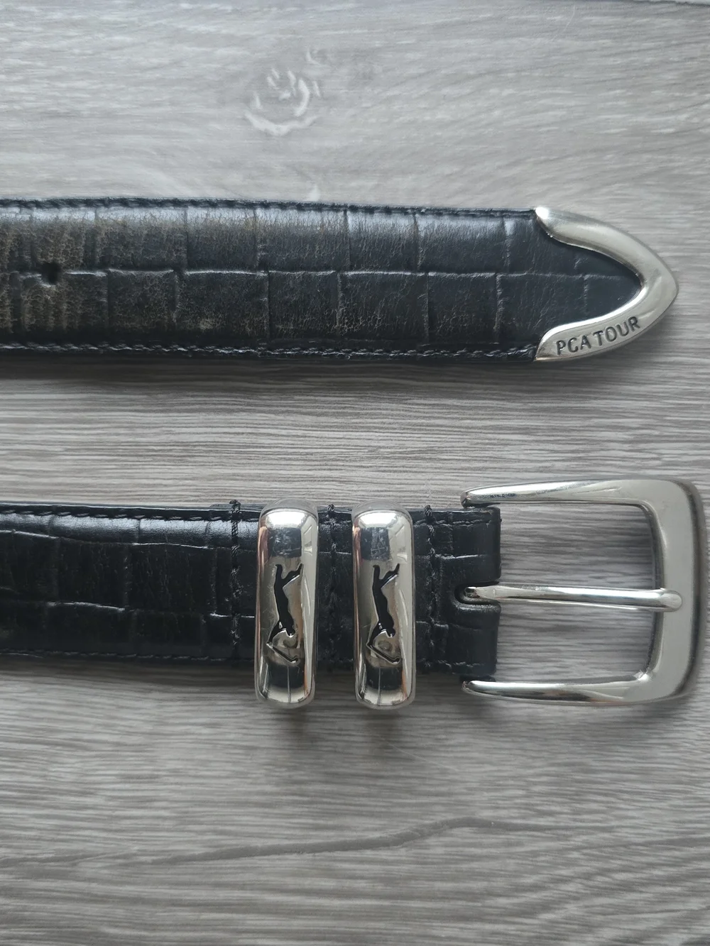 PGA Tour Mens Sz 34 Black Top Grain Croc Leather Belt Silver Golfer Buckle